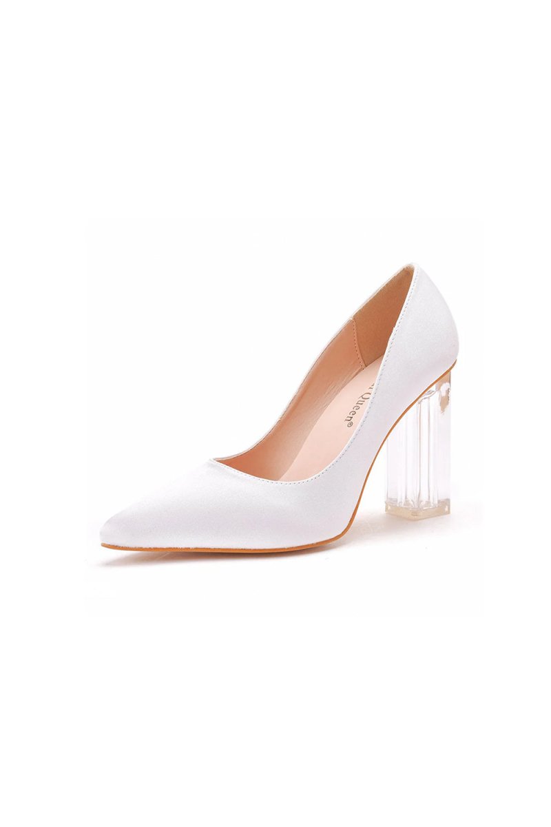 Simple Satin Slip on Pointed Toe Transparent Block Heels - KissProm