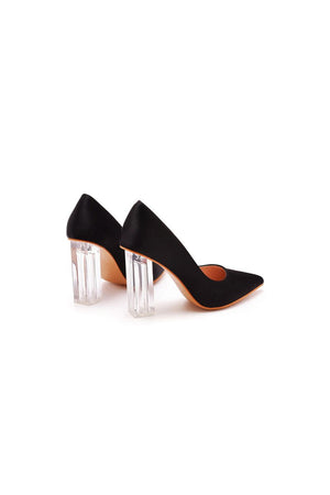 Simple Satin Slip on Pointed Toe Transparent Block Heels - KissProm