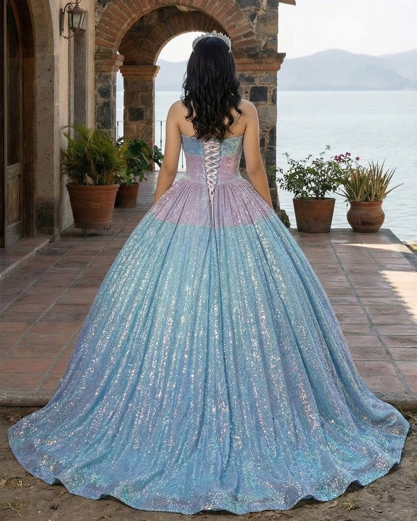 shimmer evening dress Ladivine J872 - Scoop Neck Strapless Prom Gown 2 / Smoky Blue