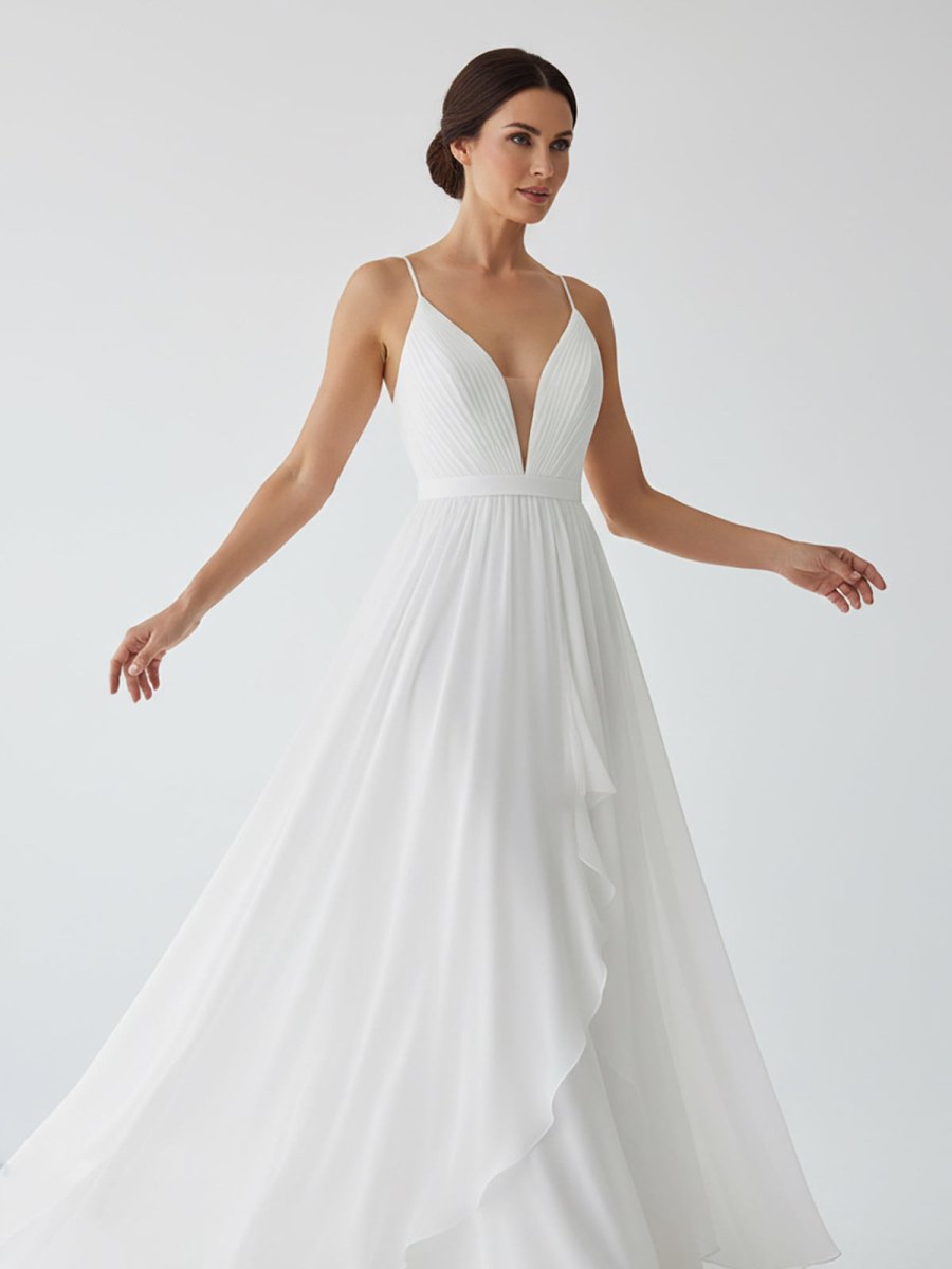 KissProm A-Line V Neck Straps Spaghetti Sheath Chiffon Wedding Dress, Diamond White / 8