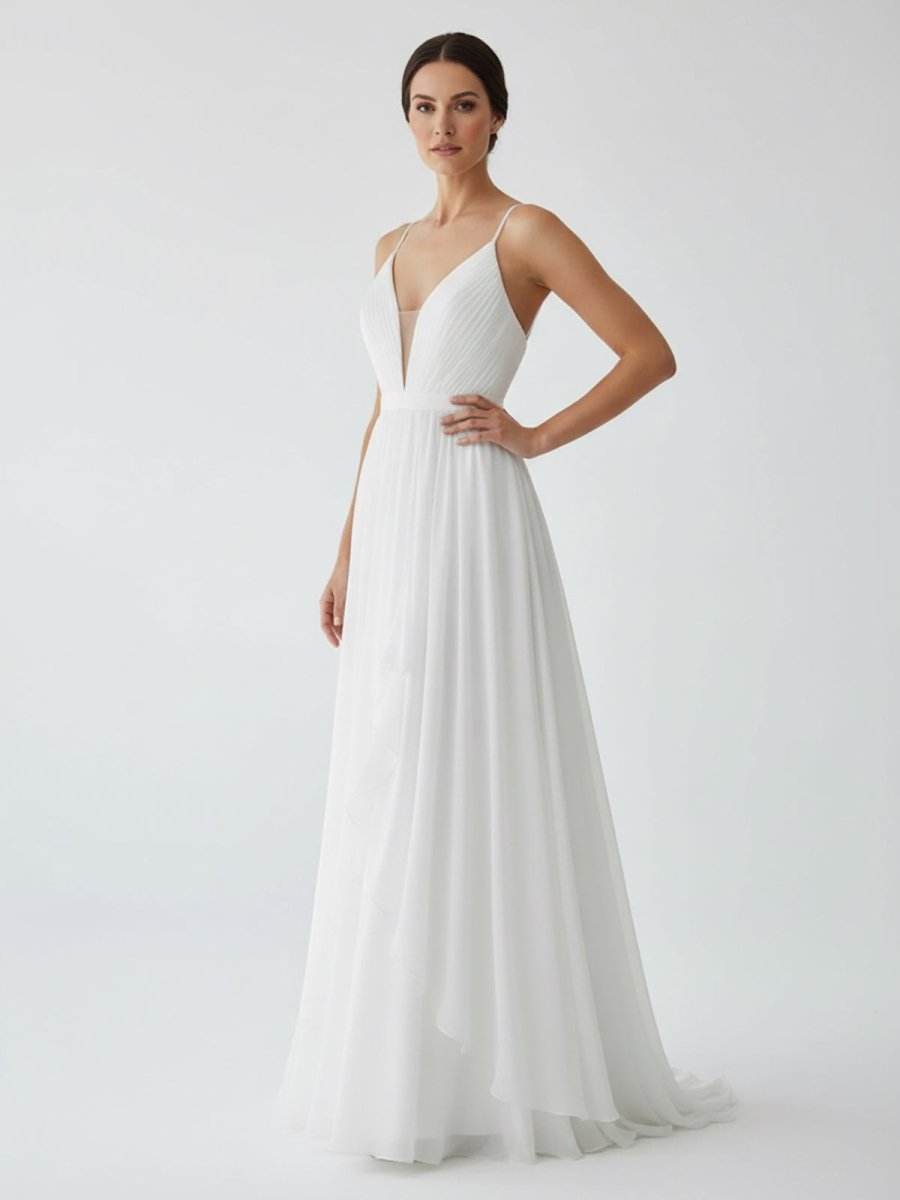 A-Line V Neck Straps Spaghetti Sheath Chiffon Wedding Dress, Diamond White / 2