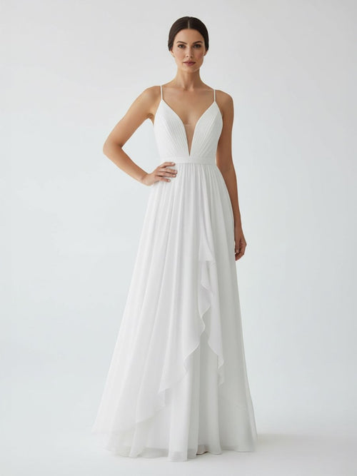 A-Line V Neck Straps Spaghetti Sheath Chiffon Wedding Dress Diamond White / 22