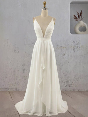 Serafina | A - Line V Neck Straps Spaghetti Sheath Chiffon Wedding Dress - KissProm