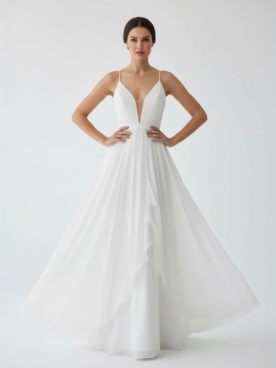 A-Line V Neck Straps Spaghetti Sheath Chiffon Wedding Dress, Diamond White / 2 A-Line V Neck Straps Spaghetti Sheath Chiffon Wedding Dress, Diamond White / 2