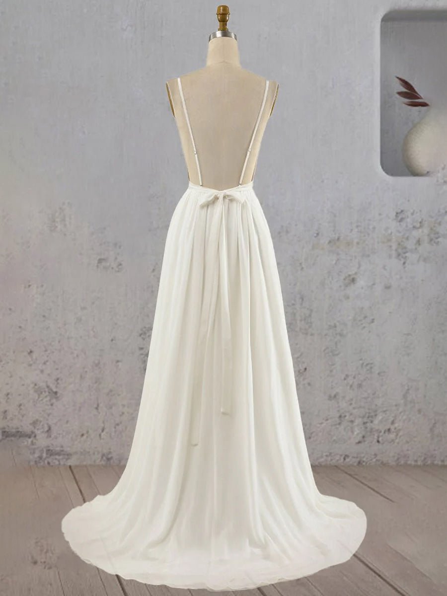 A-Line V Neck Straps Spaghetti Sheath Chiffon Wedding Dress, Diamond White / 2
