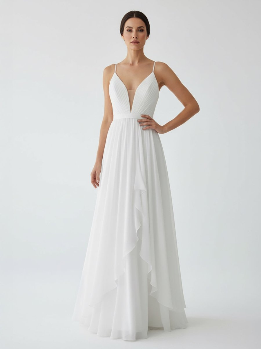 Serafina | A - Line V Neck Straps Spaghetti Sheath Chiffon Wedding Dress - KissProm