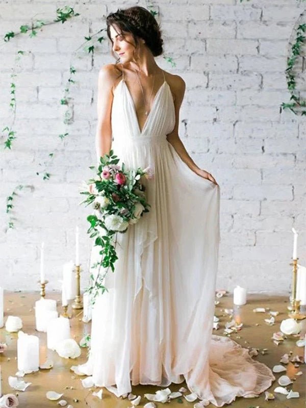 Serafina | A - Line V Neck Straps Spaghetti Sheath Chiffon Wedding Dress - KissProm