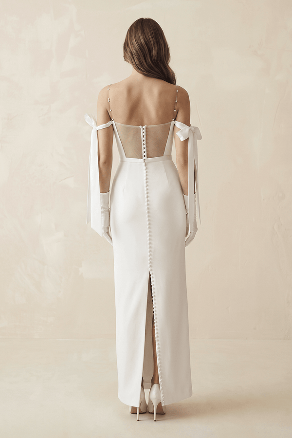 Diamond White Sheath Off-The-Shoulder Ankle-Length Satin Wedding Dresses – Wedding Dresses by KissProm | Available at KissProm