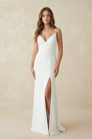 Simple Mermaid Satin Wedding Dress With Split Front And Deep-V Back- Wedding Dresses by KissProm | Available at KissProm