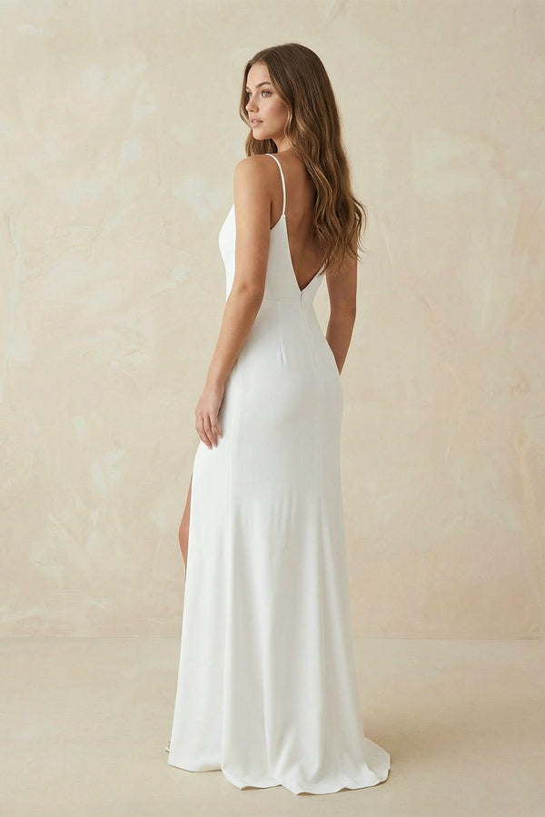 Simple Mermaid Satin Wedding Dress With Split Front And Deep-V Back- Wedding Dresses by KissProm | Available at KissProm