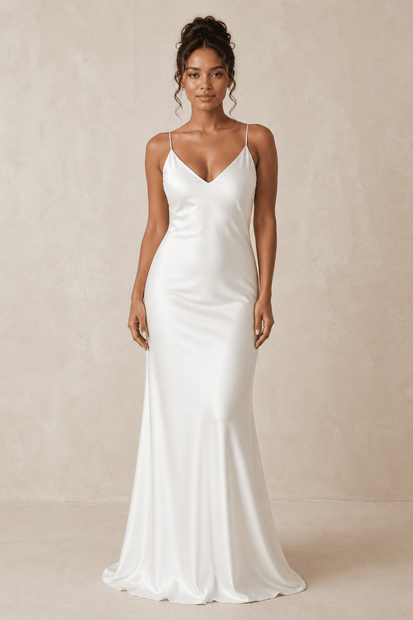Simple Sheath Spaghetti Straps Wedding Dress in White - KissProm Wedding Dresses