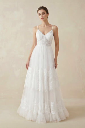 Simple A-Line V Neck Sleeveless Spaghetti Straps Beach Wedding Dresses – Wedding Dresses by KissProm | Available at KissProm