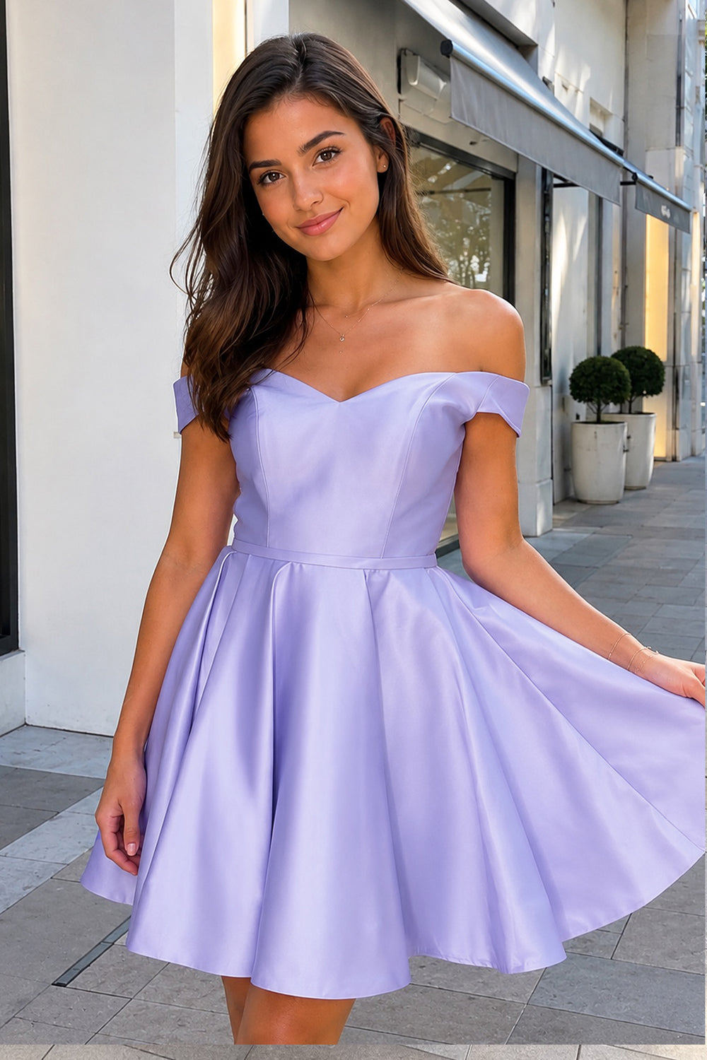 A-Line Satin Off-Shoulder Homecoming Dress- KissProm 