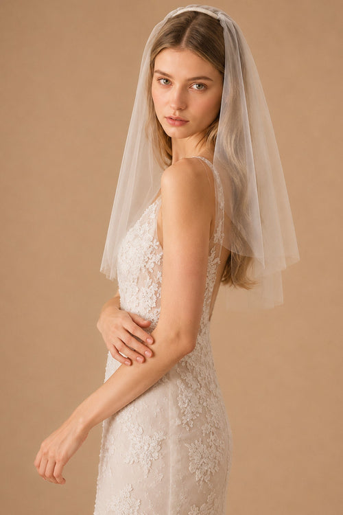 Simple Short Wedding Veils Blusher Veil in White - KissProm Wedding Veils