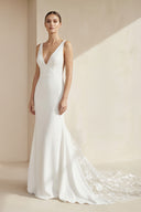 Zevaris| V-Neck Sleeveless Plunging Satin Wedding Dress in White