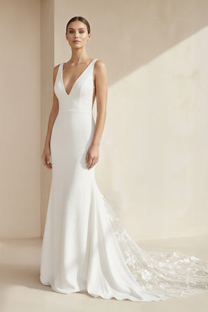 Zevaris| V-Neck Sleeveless Plunging Satin Wedding Dress in White
