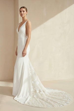 Zevaris| V-Neck Sleeveless Plunging Satin Wedding Dress in White