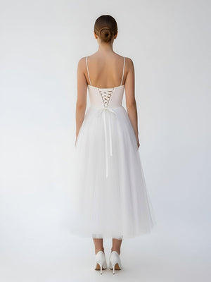 A - Line Spaghetti Straps White Satin Tulle Tea - Length Wedding Dresses - KissProm