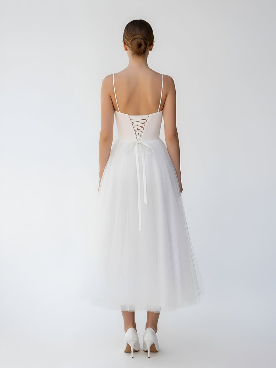 A-Line Spaghetti Straps White Satin Tulle Tea-Length Wedding Dresses A-Line Spaghetti Straps White Satin Tulle Tea-Length Wedding Dresses