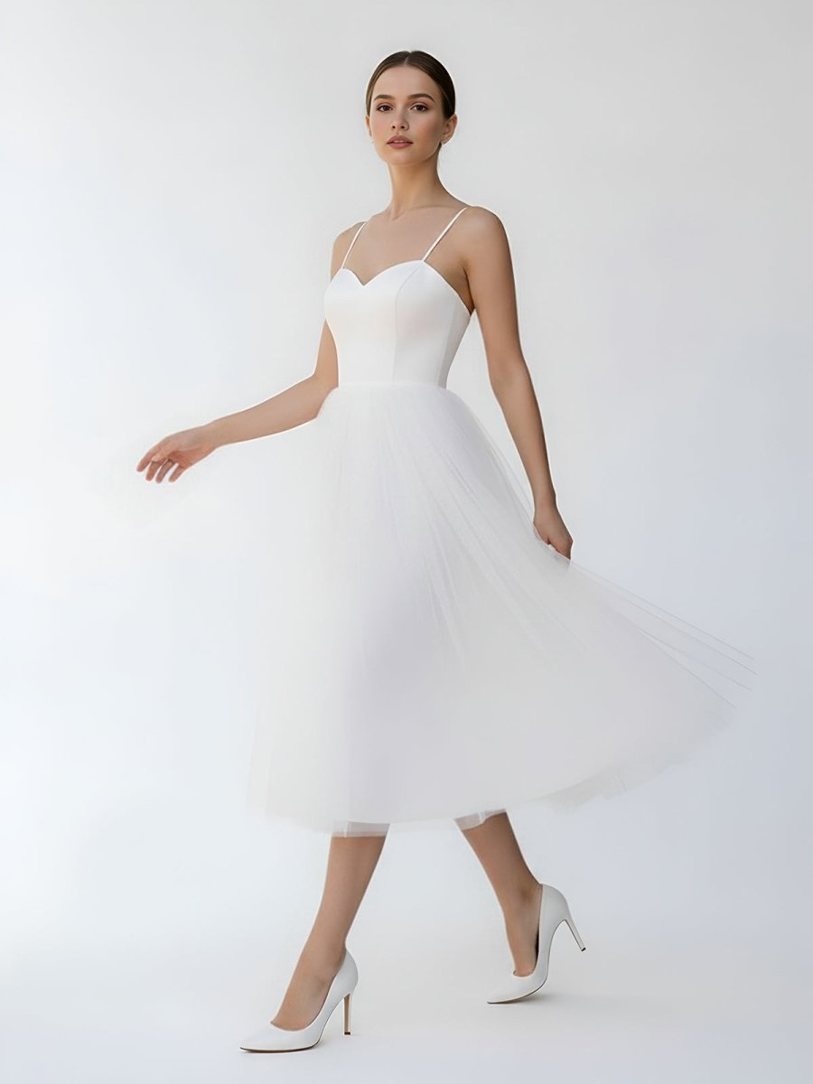 A-Line Spaghetti Straps White Satin Tulle Tea-Length Wedding Dresses A-Line Spaghetti Straps White Satin Tulle Tea-Length Wedding Dresses