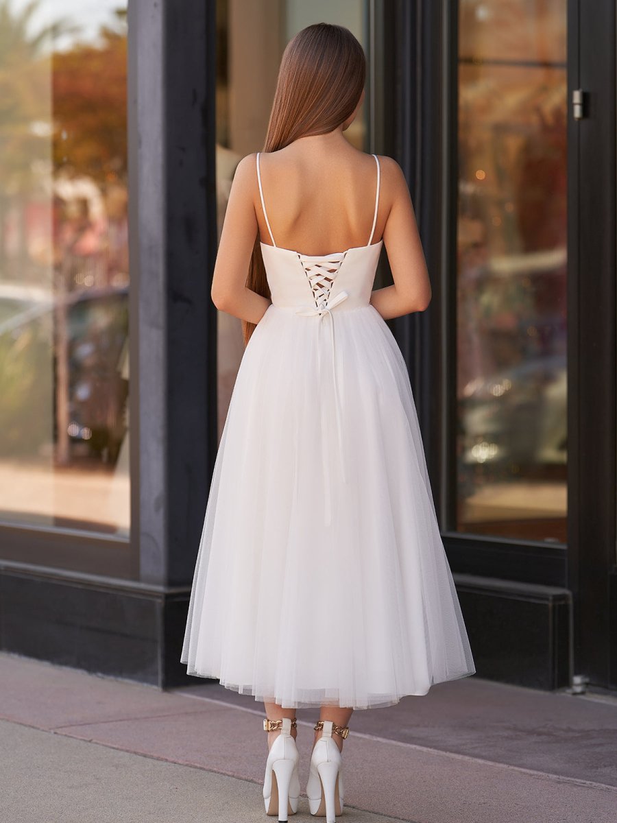 A-Line Spaghetti Straps White Satin Tulle Tea-Length Wedding Dresses