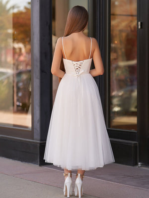 A-Line Spaghetti Straps White Satin Tulle Tea-Length Wedding Dresses