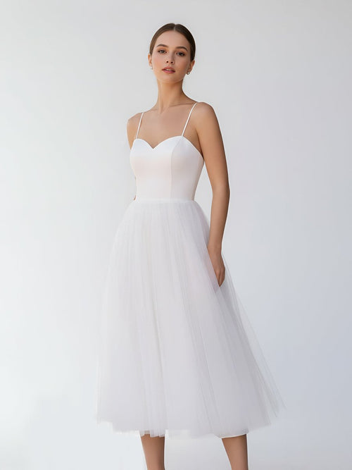 A - Line Spaghetti Straps White Satin Tulle Tea - Length Wedding Dresses - KissProm