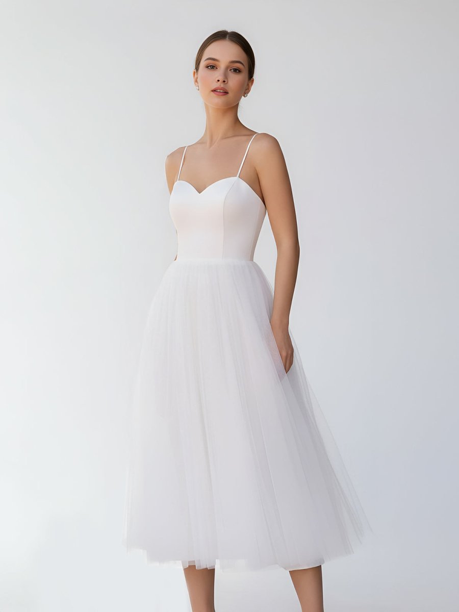 A-Line Spaghetti Straps White Satin Tulle Tea-Length Wedding Dresses, Diamond White / 18