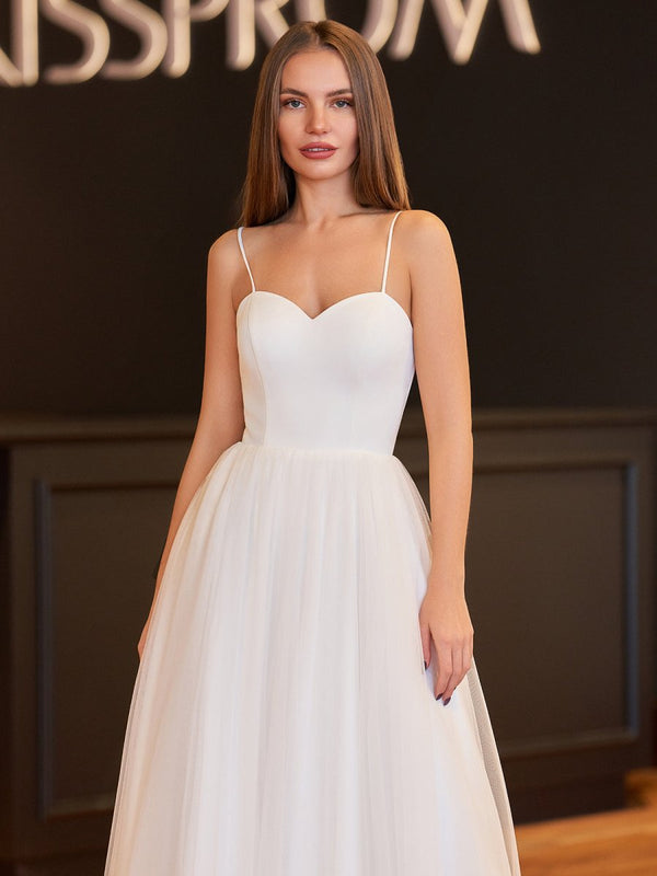 A-Line Spaghetti Straps White Satin Tulle Tea-Length Wedding Dresses