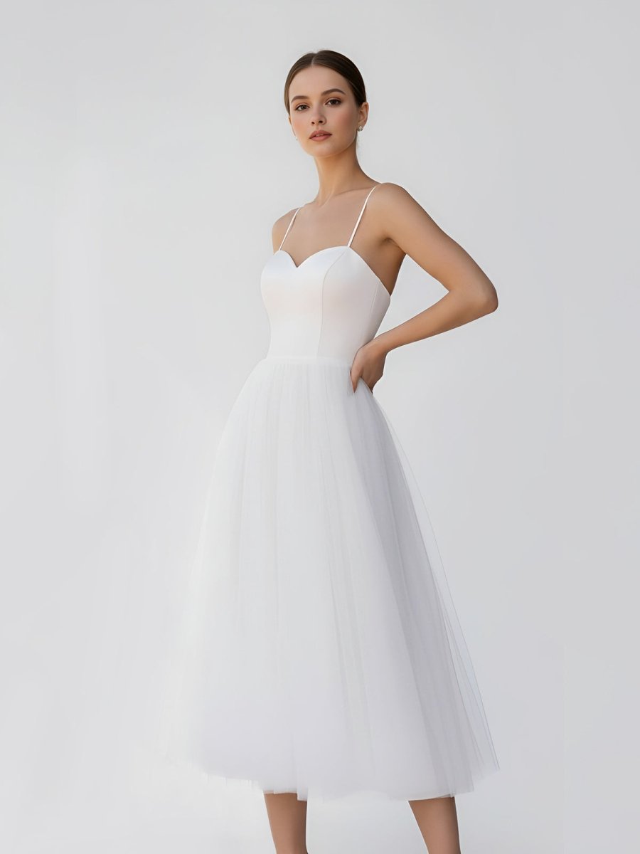 A - Line Spaghetti Straps White Satin Tulle Tea - Length Wedding Dresses - KissProm
