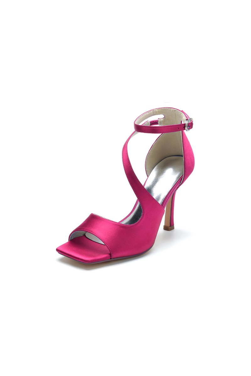 Simple Square Open Toe Ankle Strap Satin Prom Shoes - KissProm