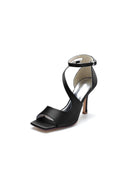 Simple Square Open Toe Ankle Strap Satin Prom Shoes - KissProm