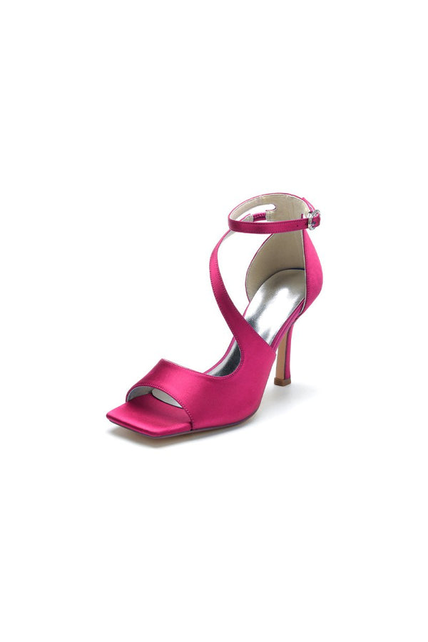 Simple Square Open Toe Ankle Strap Satin Prom Shoes - KissProm