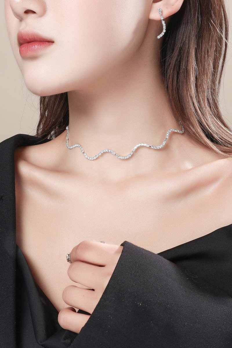 Simple Thin Rhinestone Necklace And Earrings Set - KissProm