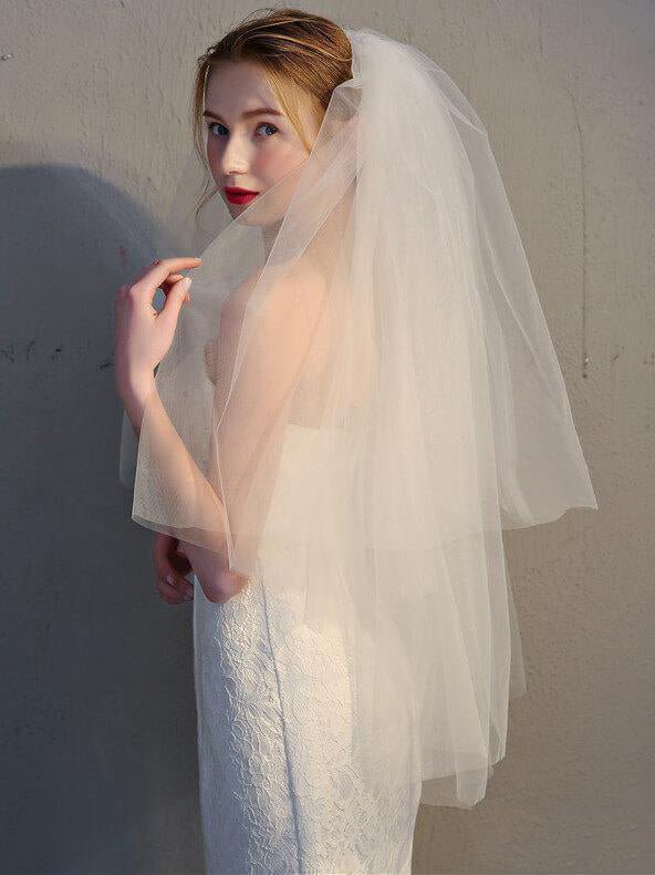 Simple Two Tier Ivory Short Wedding Veils - KissProm