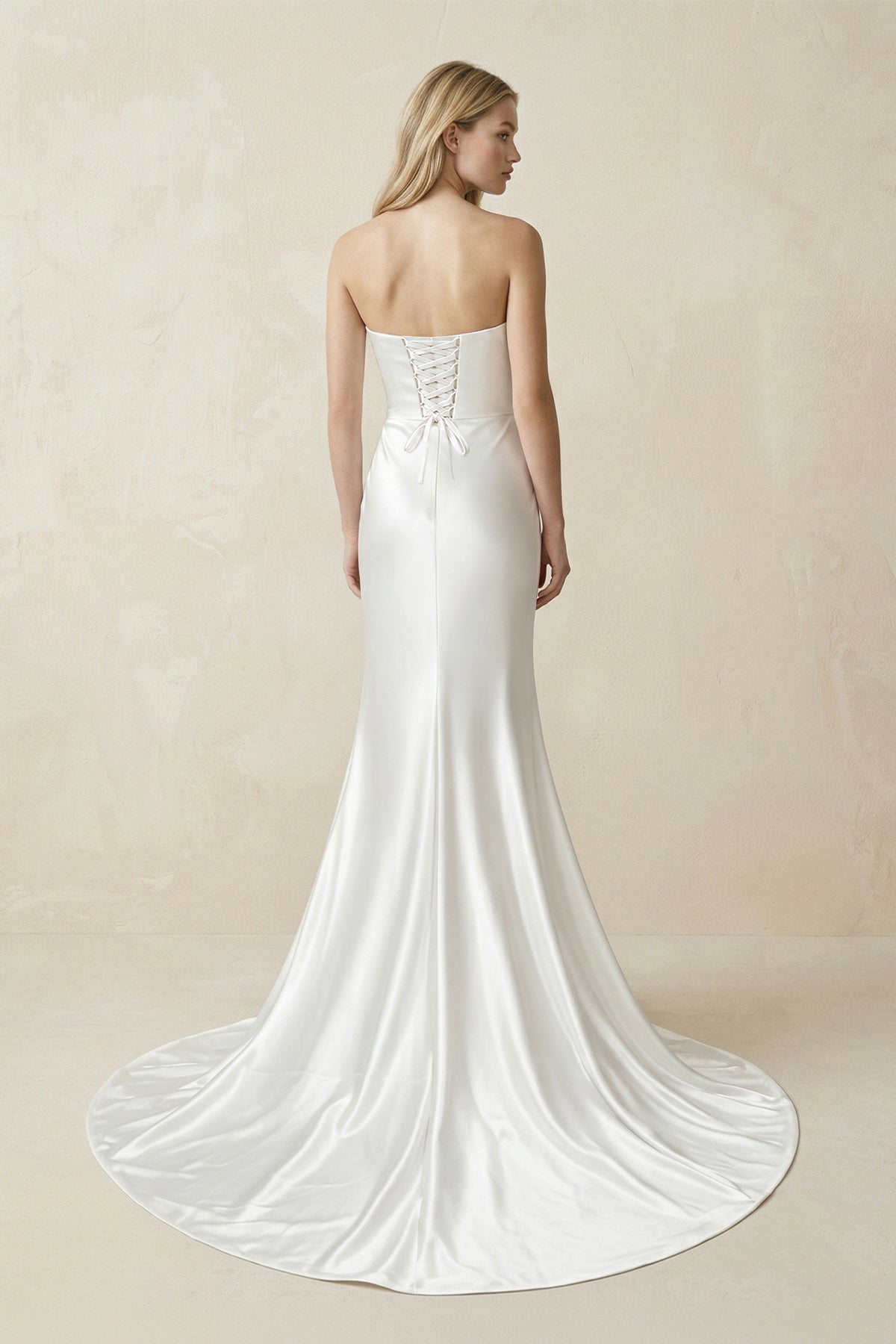 KissProm Simple V-Neck Strapless Ruched With Side Slit Beach Wedding Dress, Diamond White / 12