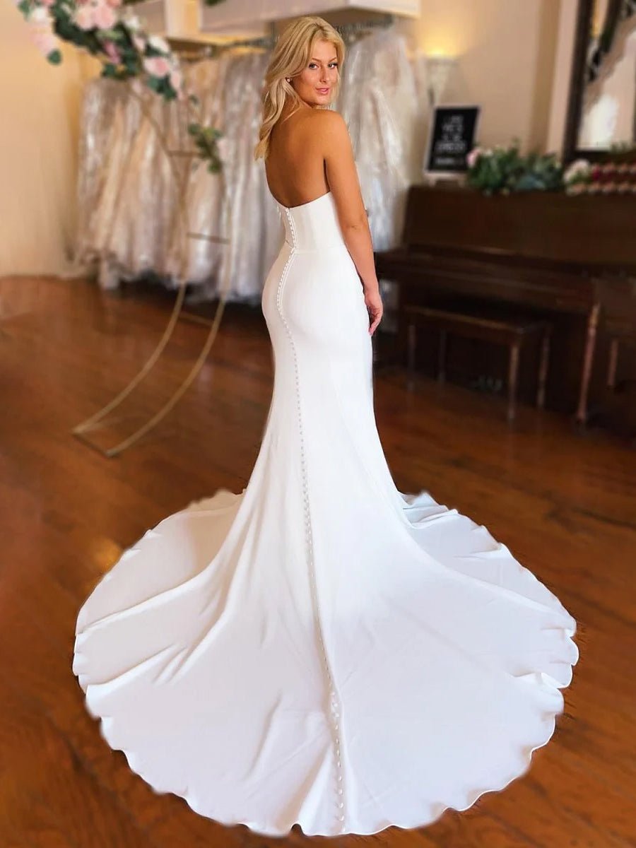 Skyla | Simple White Boho Mermaid Satin Long Sleeveless Wedding Dress - KissProm