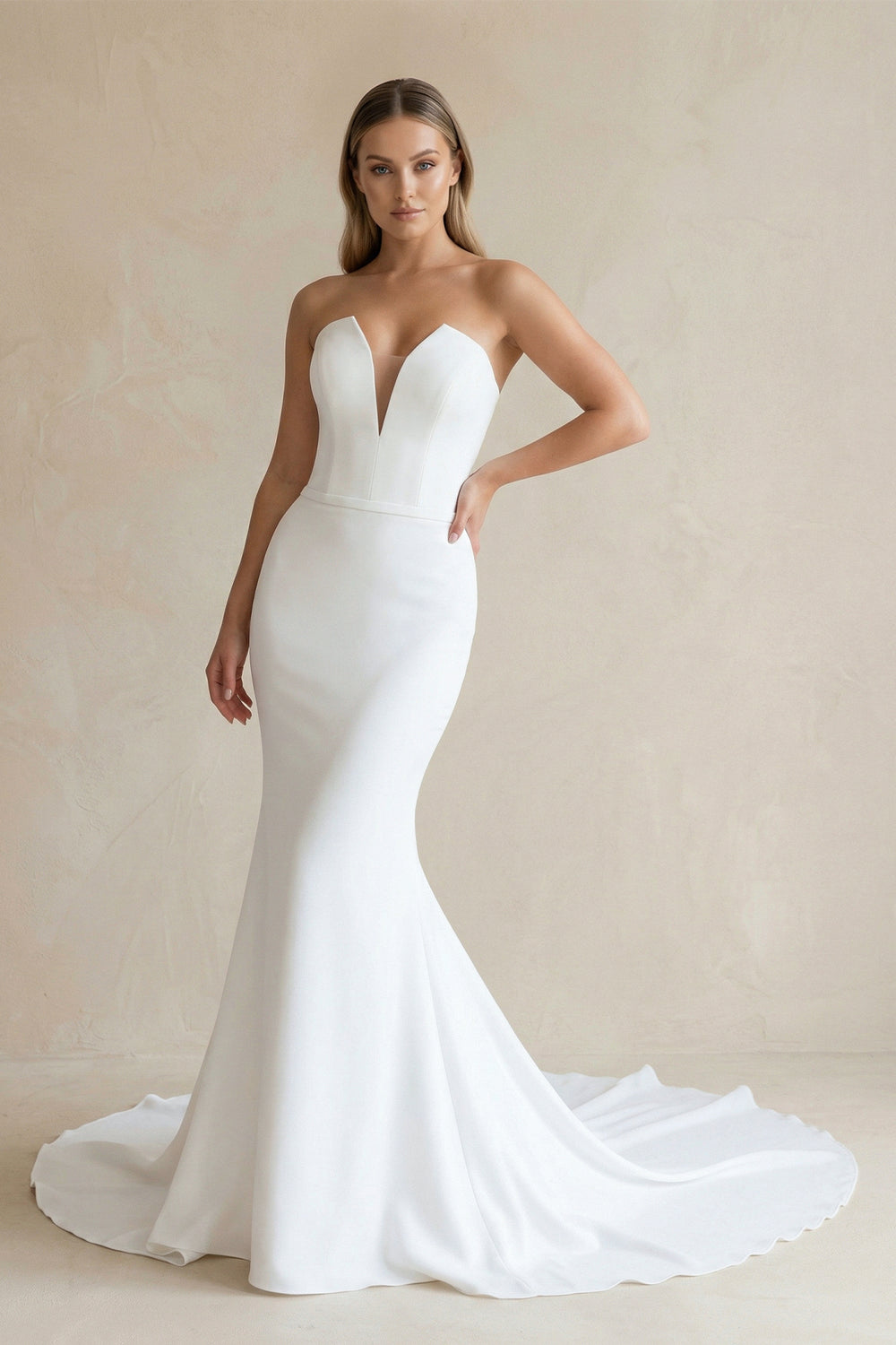 KissProm Simple White Boho Mermaid Satin Long Sleeveless Wedding Dress, Diamond White / 2