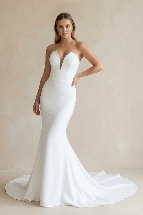 Simple White Boho Mermaid Satin Long Sleeveless Wedding Dress – Wedding Dress by KissProm | Available at KissProm