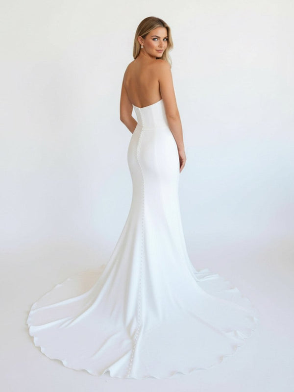 Skyla | Simple White Boho Mermaid Satin Long Sleeveless Wedding Dress - KissProm
