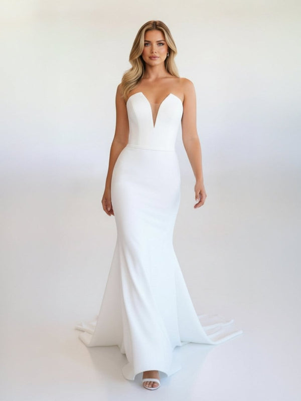 Skyla | Simple White Boho Mermaid Satin Long Sleeveless Wedding Dress - KissProm