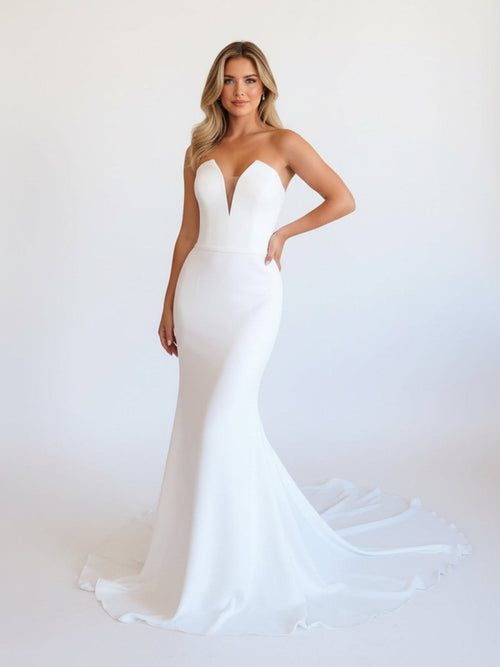 Skyla | Simple White Boho Mermaid Satin Long Sleeveless Wedding Dress - KissProm
