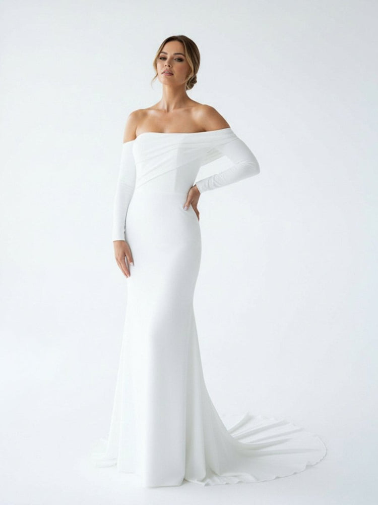 KissProm Simple White Boho Mermaid Long Wedding Dress with Sleeves, Diamond White / 14