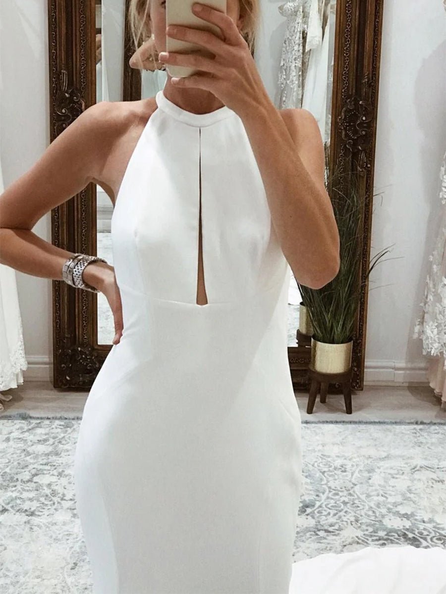 Milena | Simple White Halter Open Back Long Wedding Dress - KissProm