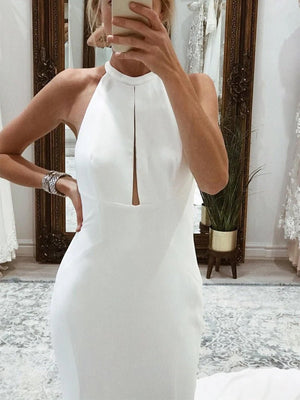 Milena | Simple White Halter Open Back Long Wedding Dress - KissProm