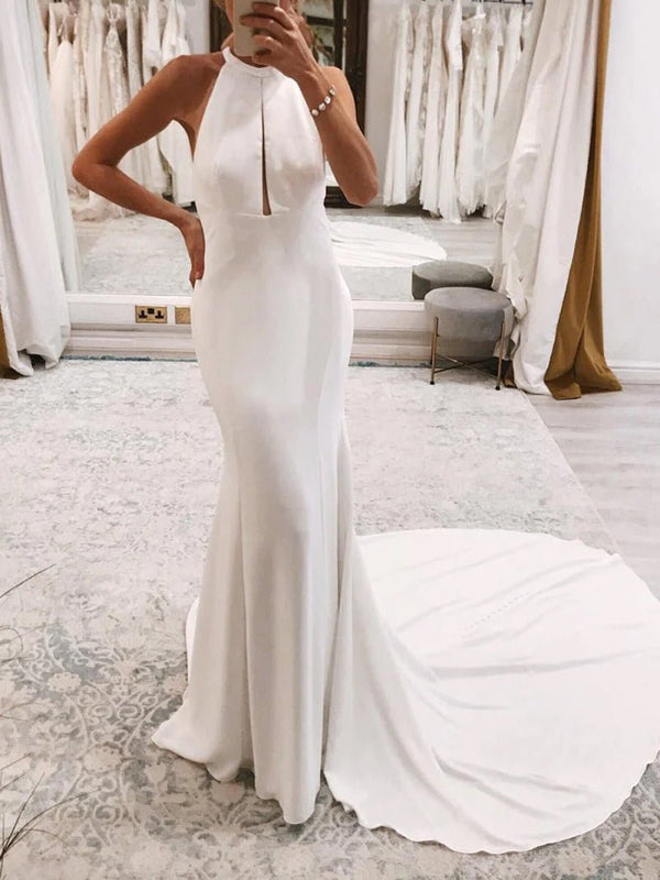Milena | Simple White Halter Open Back Long Wedding Dress - KissProm