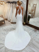 Milena | Simple White Halter Open Back Long Wedding Dress - KissProm