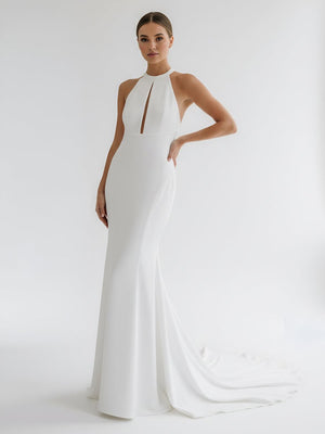 Milena | Simple White Halter Open Back Long Wedding Dress - KissProm