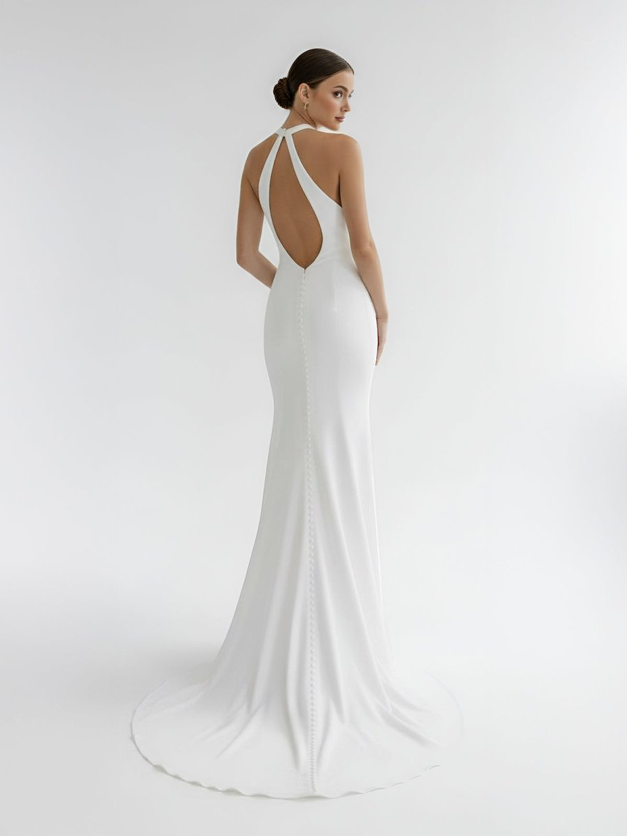 Milena | Simple White Halter Open Back Long Wedding Dress - KissProm
