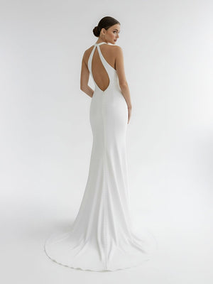 Milena | Simple White Halter Open Back Long Wedding Dress - KissProm